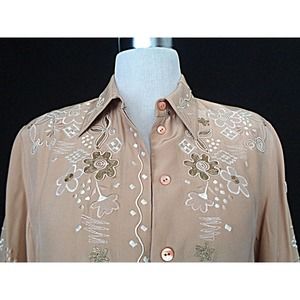 Blue Ice Embroidered Beige Silk Blouse 12